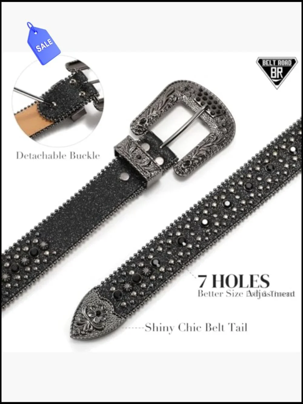 Rhinestone Western Cowboy Belt with Sparkling Bling, Detachable Buckle